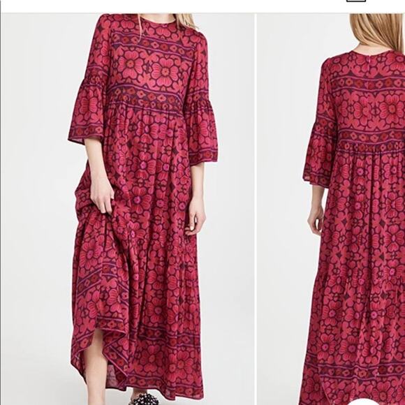BELL Nadine Magenta Floral Bell Sleeve Silk Blend Maxi Dress US XS - Picture 1 of 13
